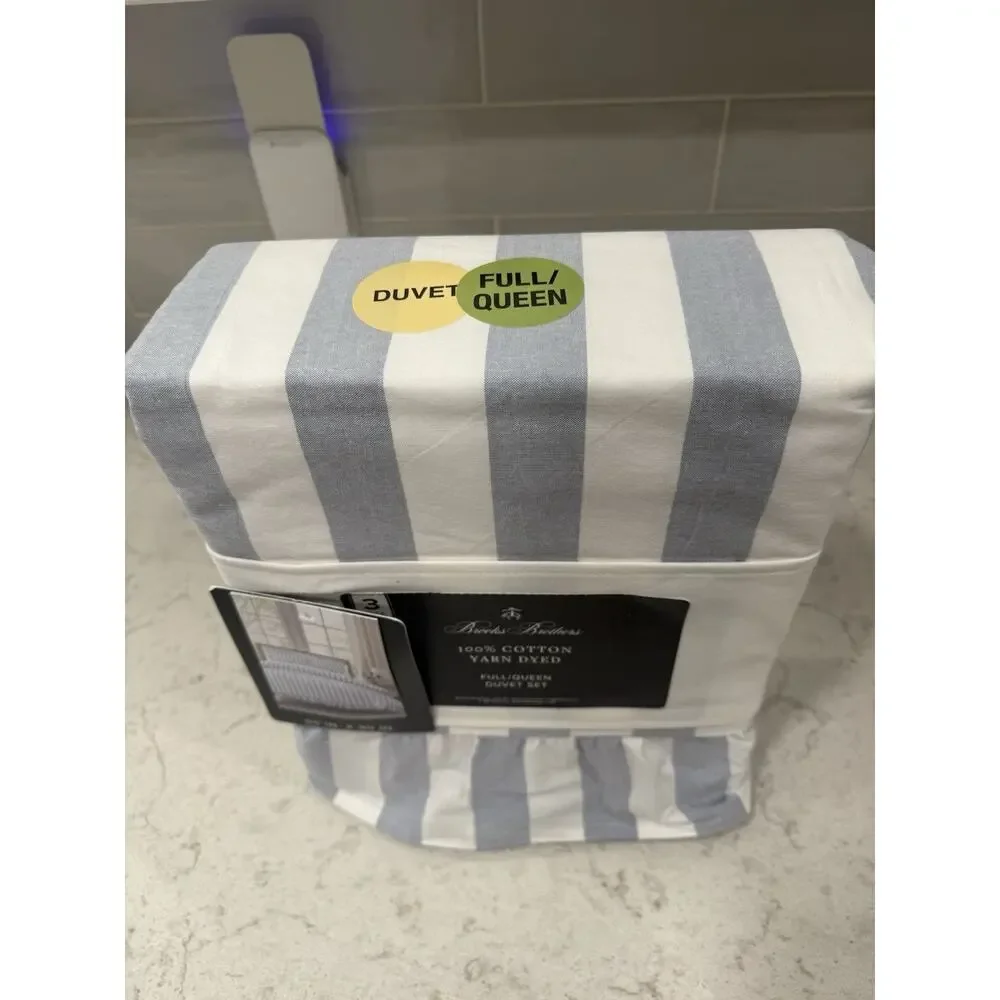 New Brooks Brothers Cotton Queen Full Duvet Set (3 Pc) Blue Striped Ruffle Cute